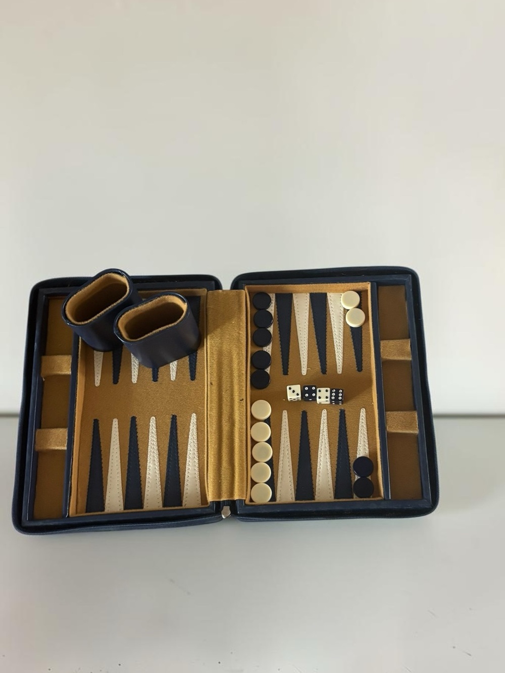 Vintage Mini Travel Backgammon Set Navy Gold 1970s Zipper Case Complete